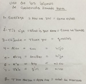 A list of words in Mam and their English and Spanish equivalents.